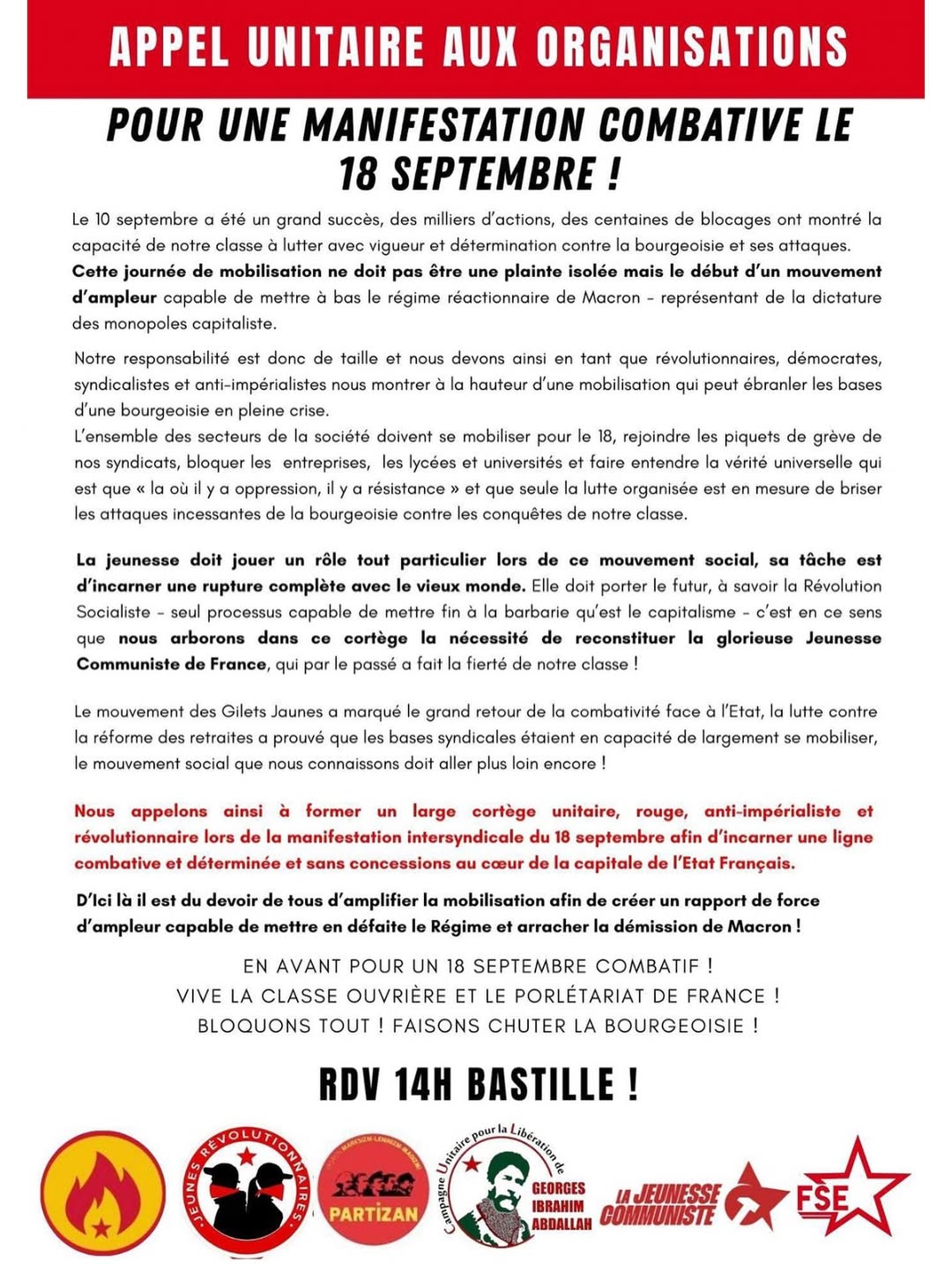 18 septembre à Paris : Appel unitaire aux organisations
